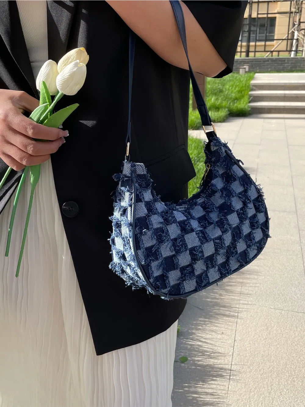 Checkered Raw Hem Denim Shoulder Bag