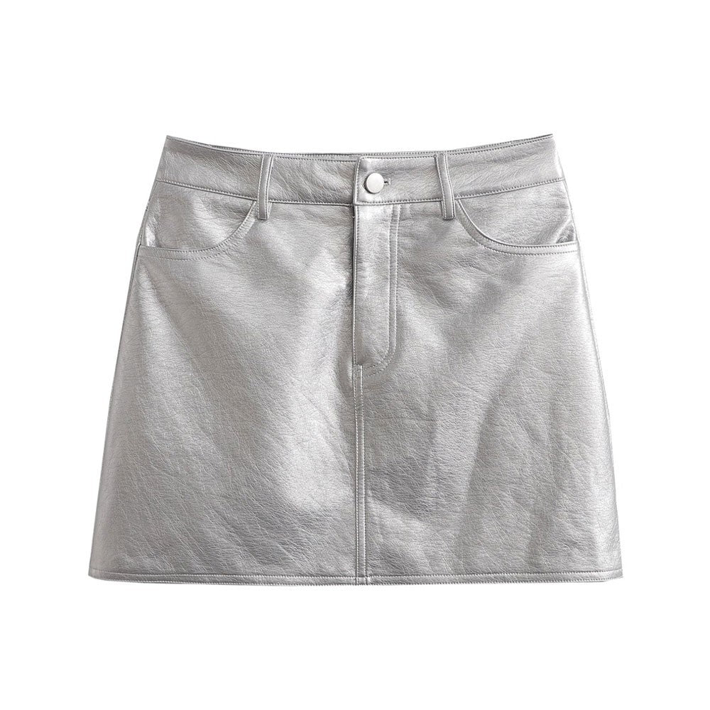 Chic Silver PU Mini Skirt - Retro High Waist A-Line