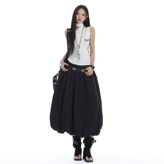 Women's Elastic High Waist Pleated Bubble Skirt A-line Loose Lantern Skirt