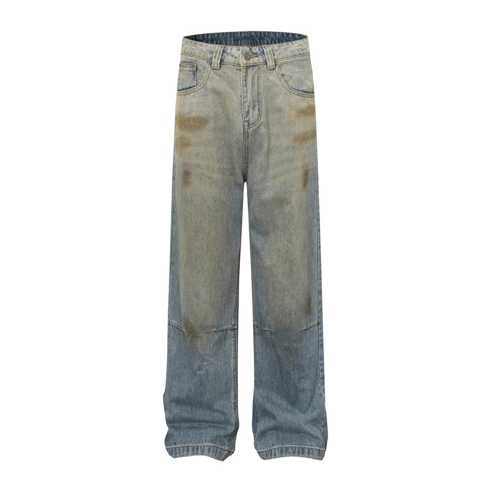 Men's Distressed Denim Pants with Paint Splatter