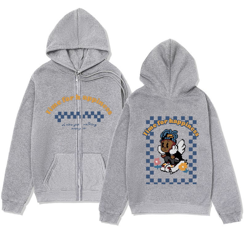 Playful Melancholic Child Print Zip-Up Hoodie