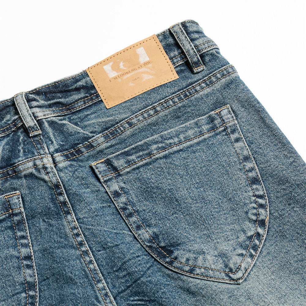 Vintage Washed Denim Flare Pants for Men with Unique Pocket Design