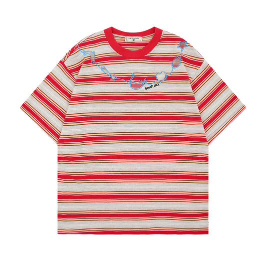 Retro Stripe Cat Embroidery T-Shirt
