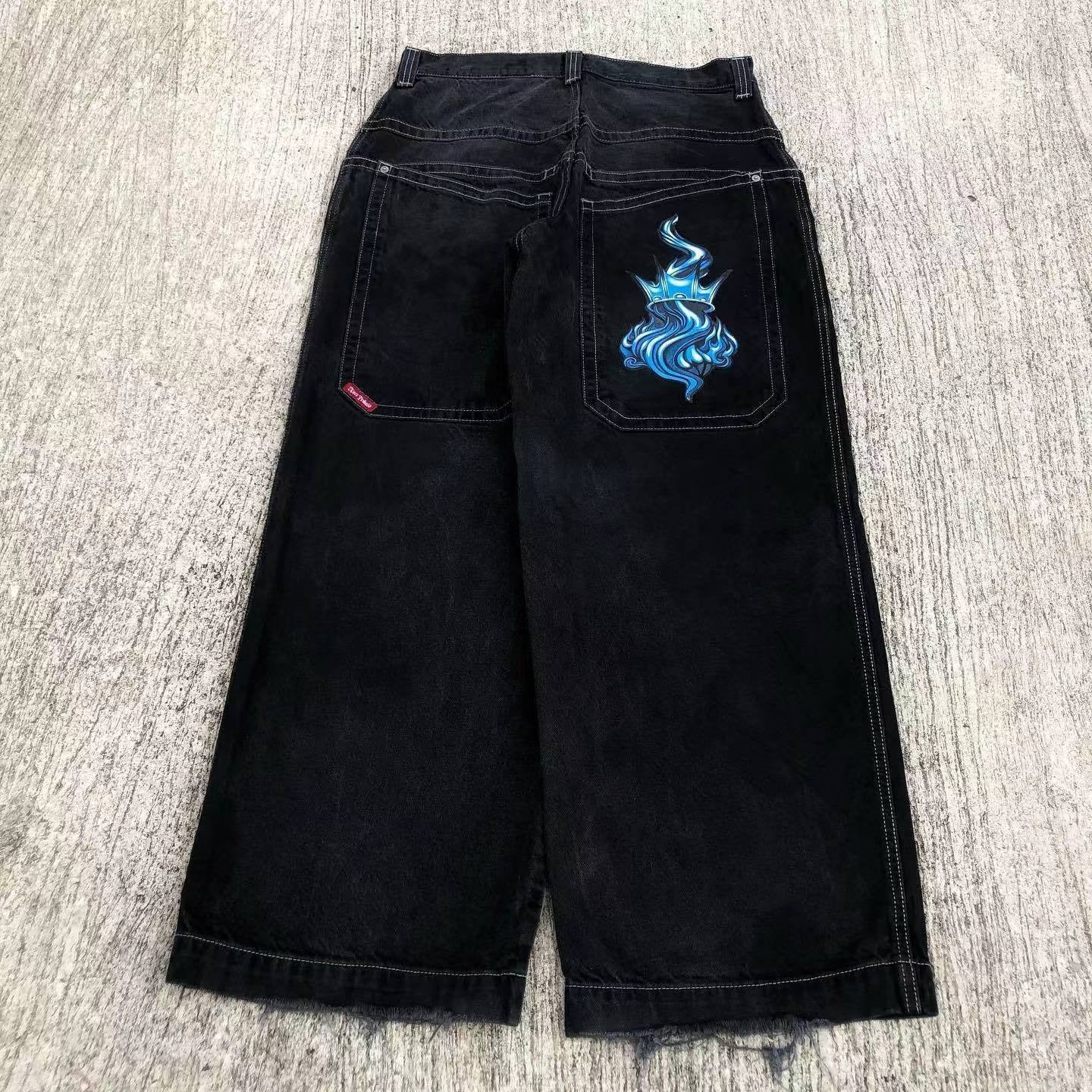 Harajuku Style Printed Jeans - Men's Straight Loose Wide Leg Pants