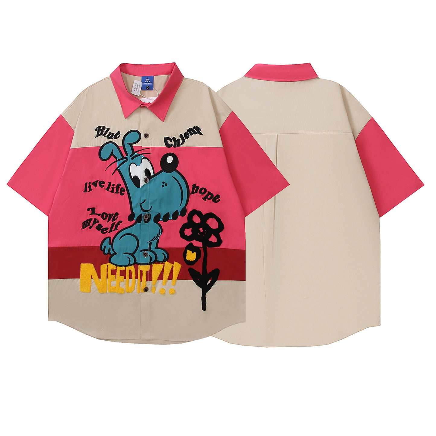 Retro Cartoon Embroidery Color Block Short Sleeve Shirt