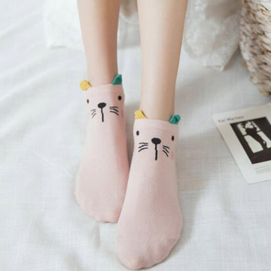 Cute Cat Ankle Socks - Pink Harajuku Style (5 Pairs)