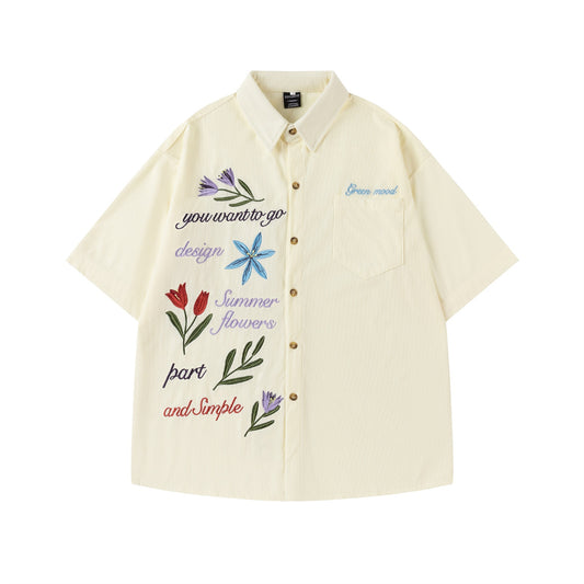Retro Floral Embroidery Corduroy Short Sleeve Shirt