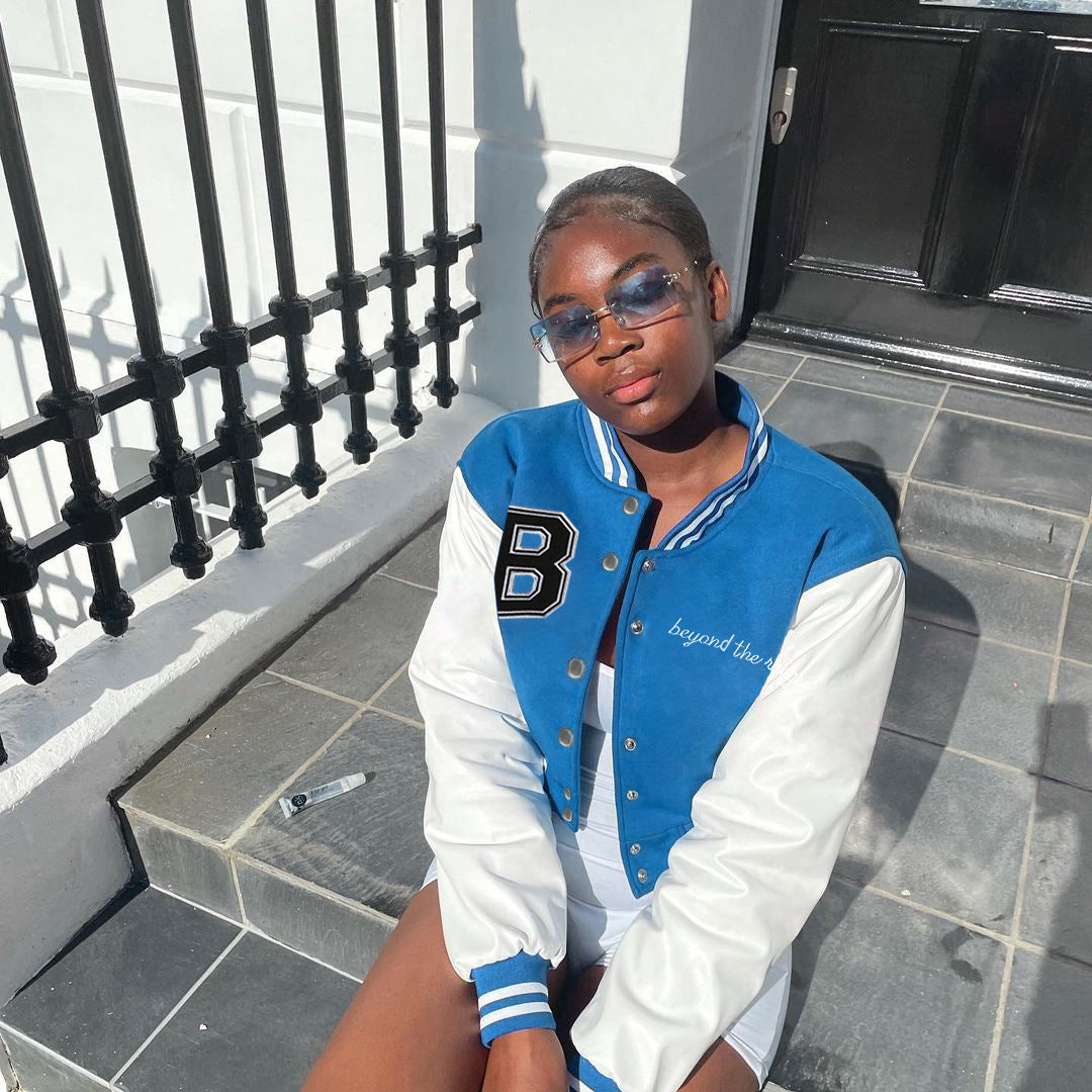 Harajuku Color Block Print Leather Sleeve Baseball Jacket