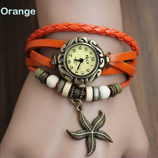 Lady Starfish Retro Bracelet Watch - Genuine Leather Wrap