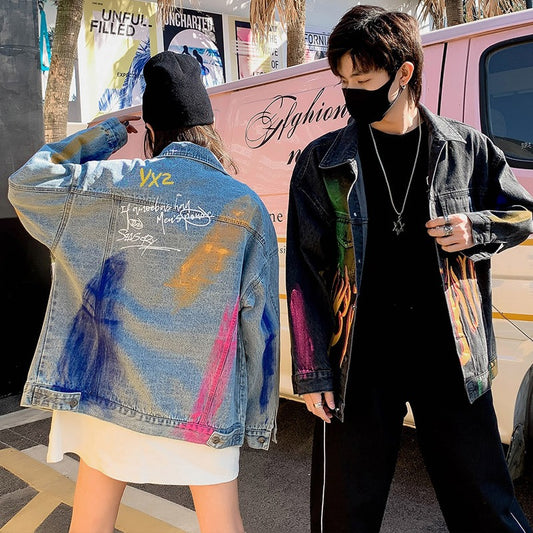 Vintage Hand Painted Graffiti Print Denim Jacket