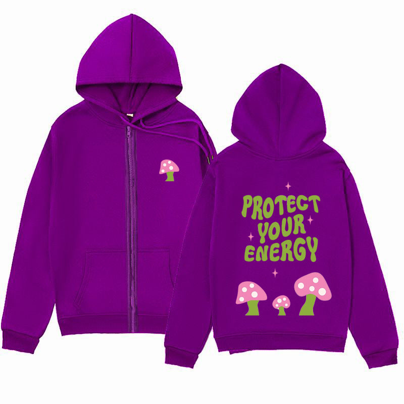 "Protect Your Energy" Letter Mushroom Print Zipper Hoodie