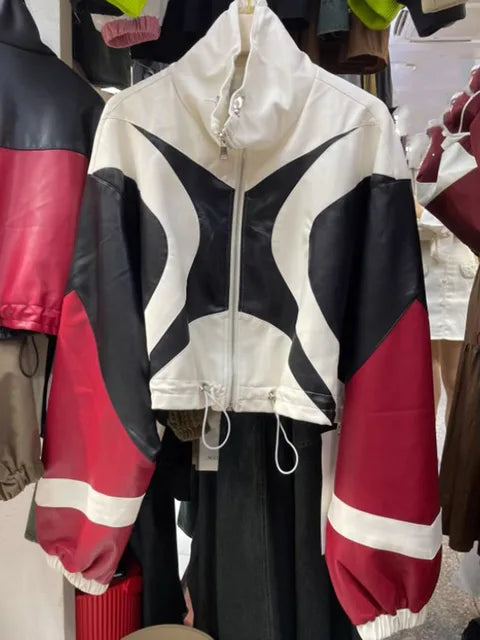 Women's Contrast Color Patchwork Motorcycle Leather Jacket