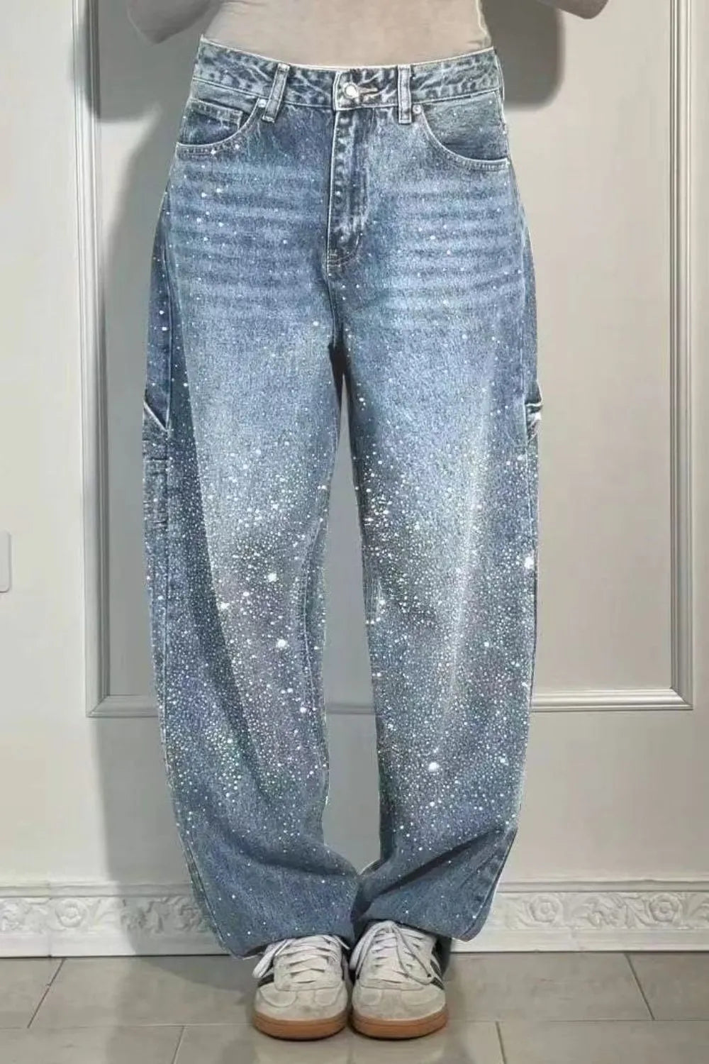 Plus Size Washed Rhinestone Detail Wide Leg Jeans