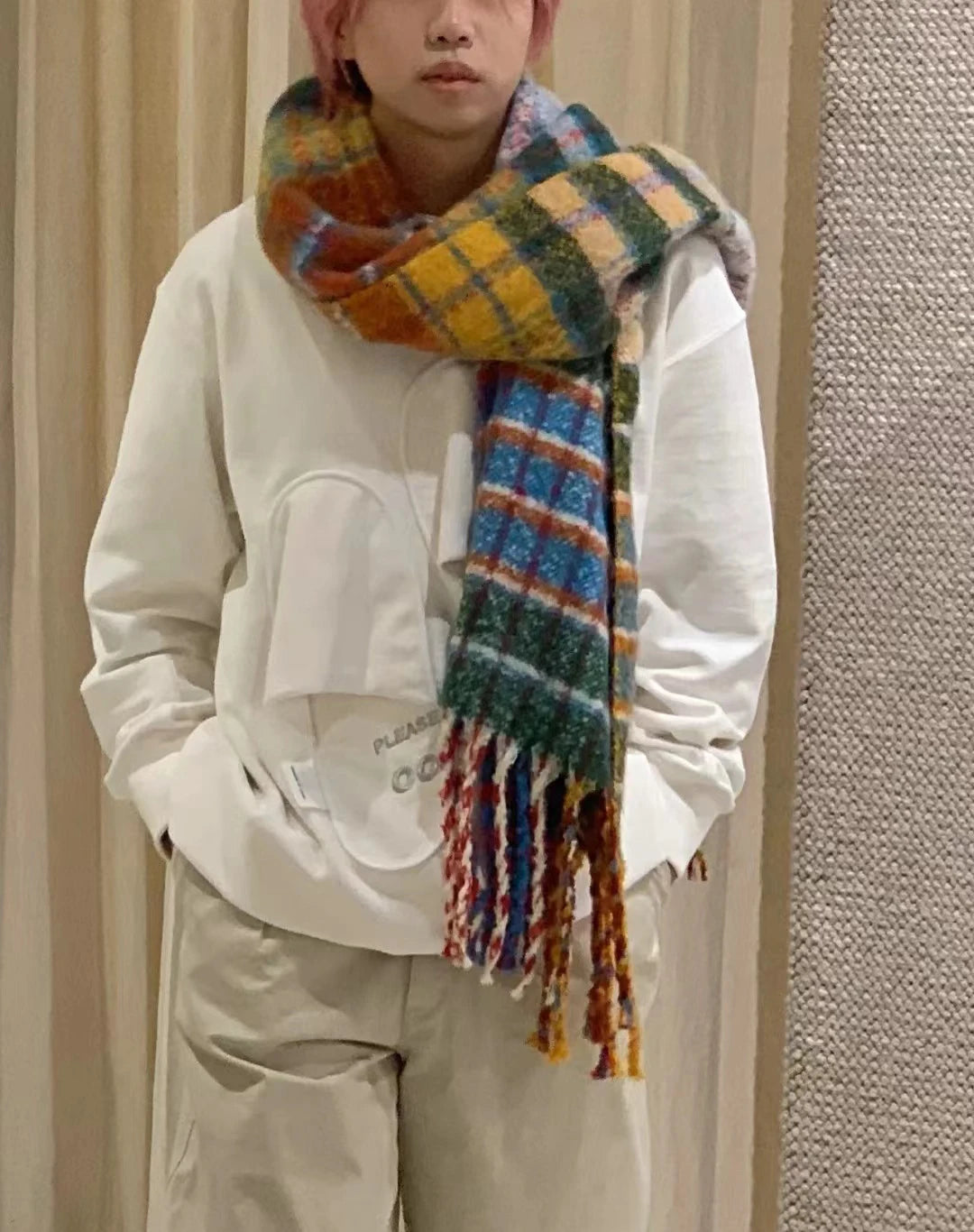 Harajuku Style Rainbow Plaid Wool Scarf with Tassels
