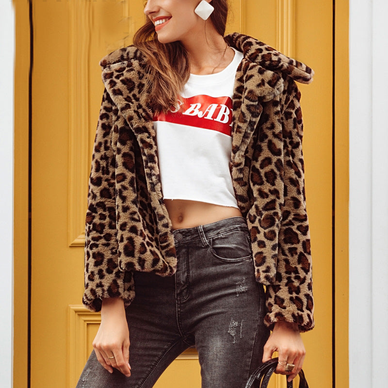 Harajuku Style Leopard Print Faux Fur Coat