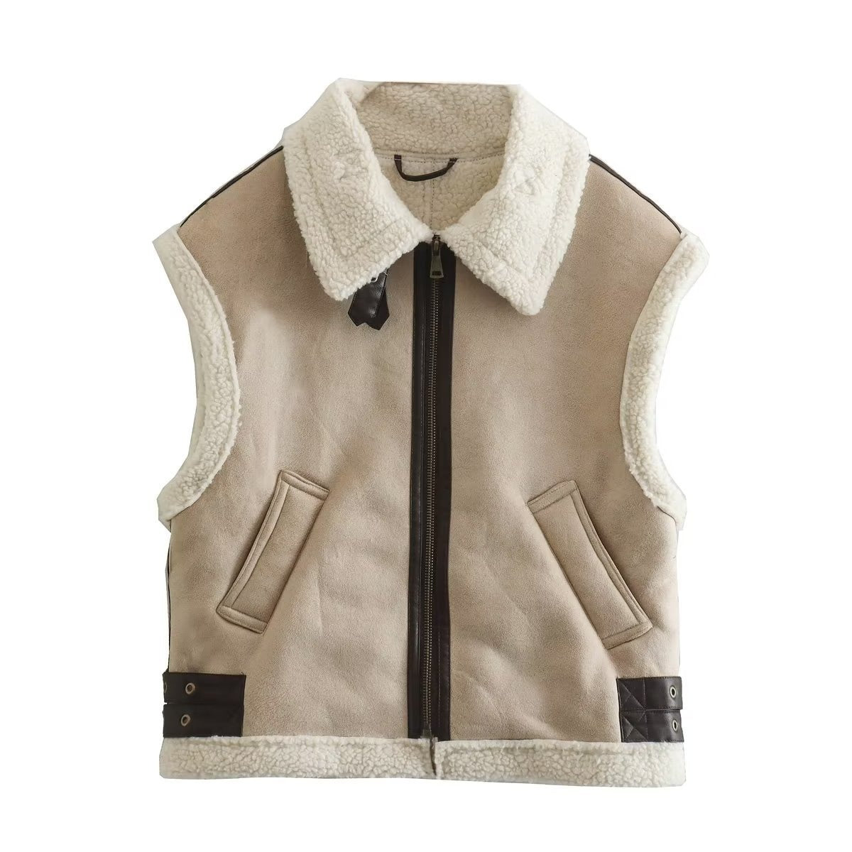 Harajuku Style Women's Thick Warm Leather Wool Lapel Vest