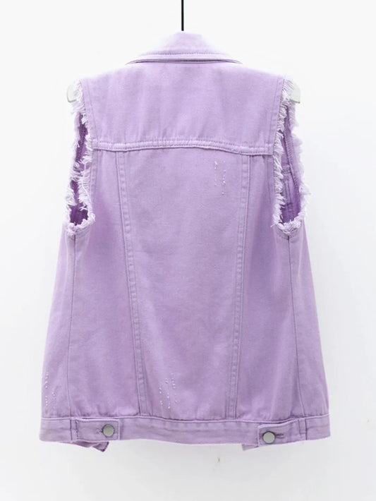 Button Down Raw Hem Sleeveless Denim Jacket Plus Size