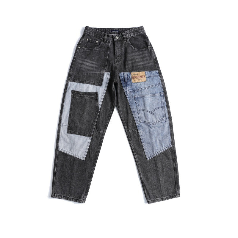 Harajuku Style Men's Printed Wide Leg Patch Jeans