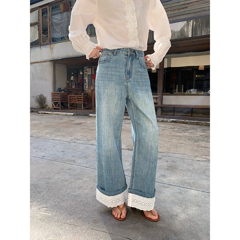 Lace Curled Edge Wide Leg Straight Leg Jeans for Women