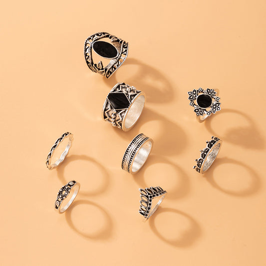 Black Oil Drip Geometric Ring Set - Retro Style Accessories