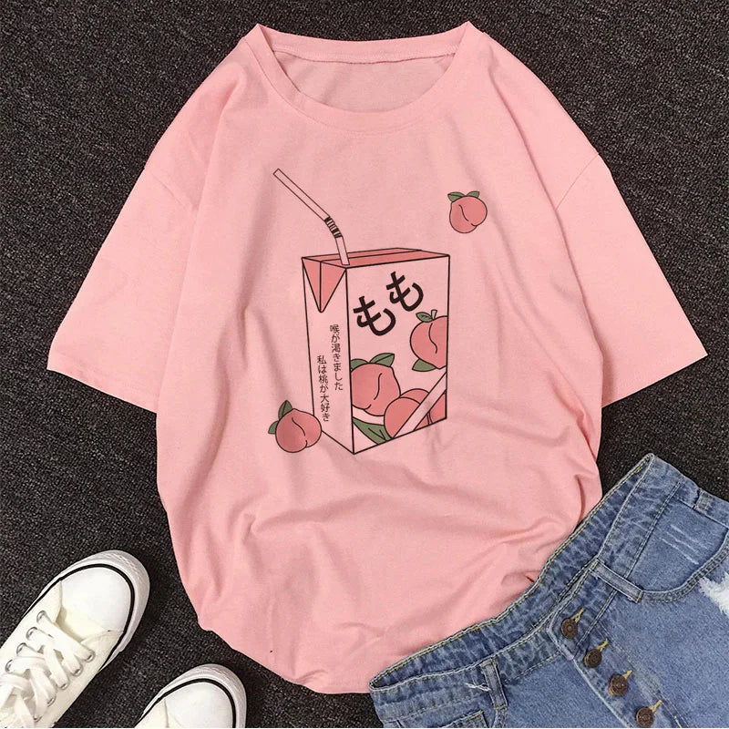 Kawaii Cartoon Peach Juice T-Shirt for Women