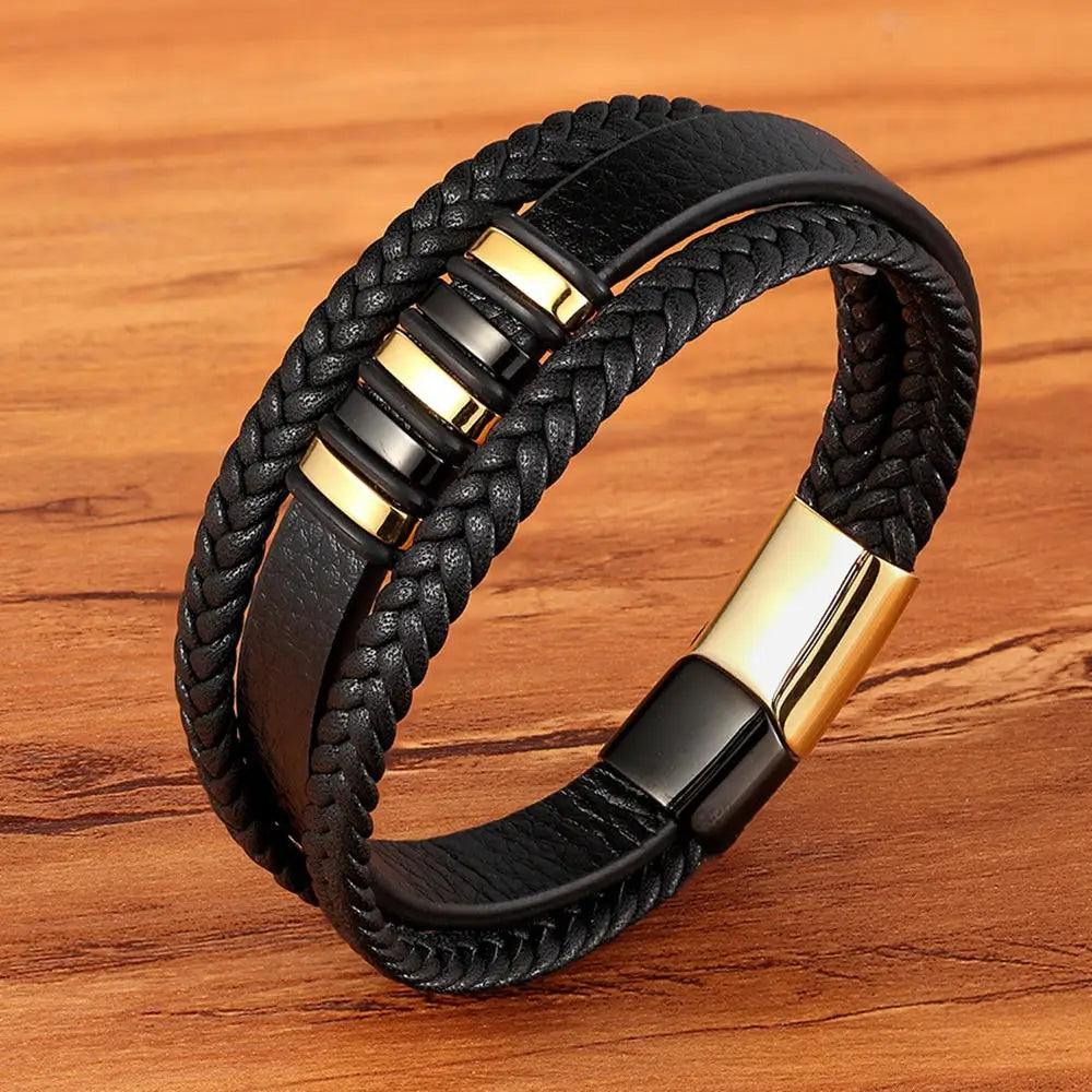 3-Layer Black Gold Punk Style Genuine Leather Bracelet