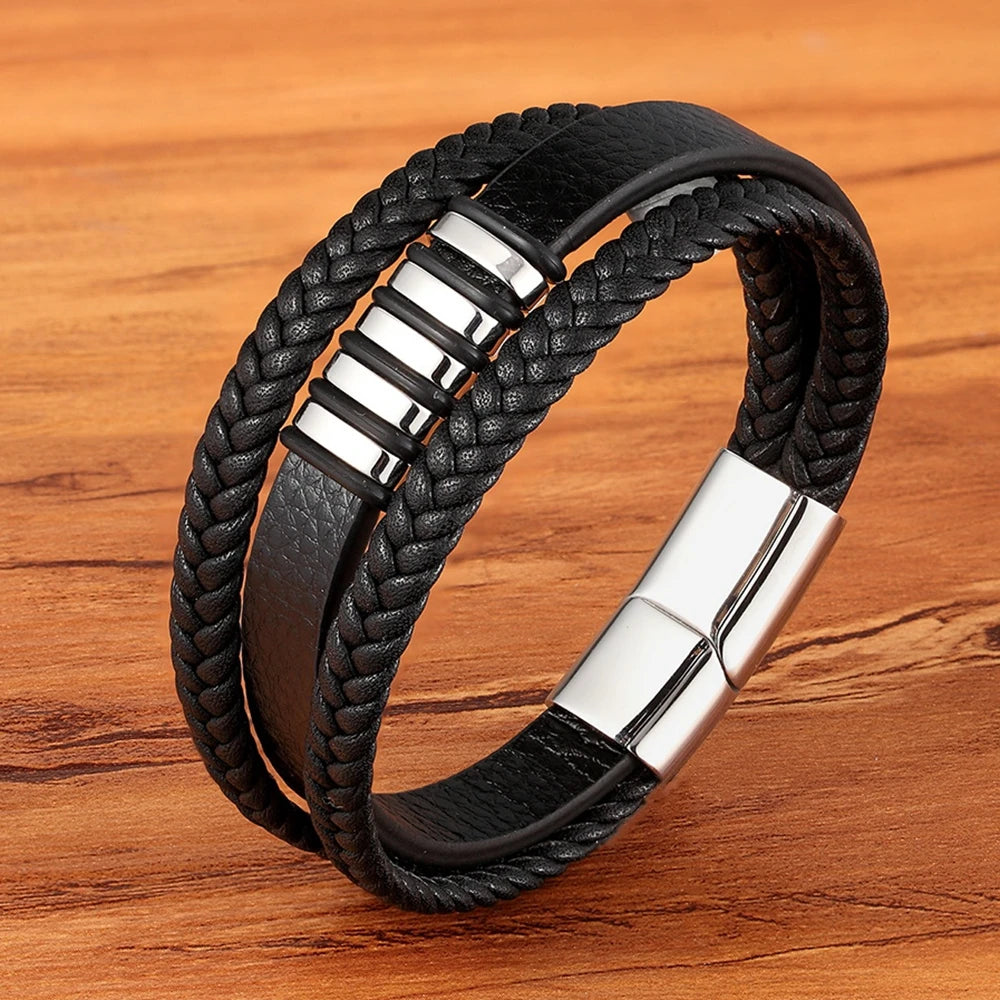 3-Layer Black Gold Punk Style Genuine Leather Bracelet