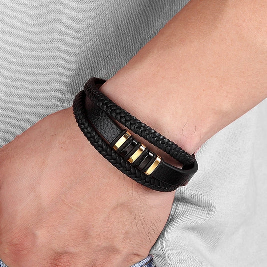 3-Layer Black Gold Punk Style Genuine Leather Bracelet