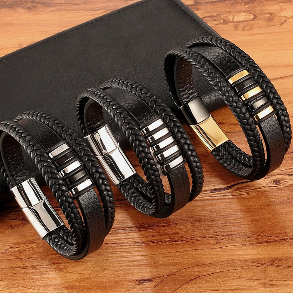 3-Layer Black Gold Punk Style Genuine Leather Bracelet