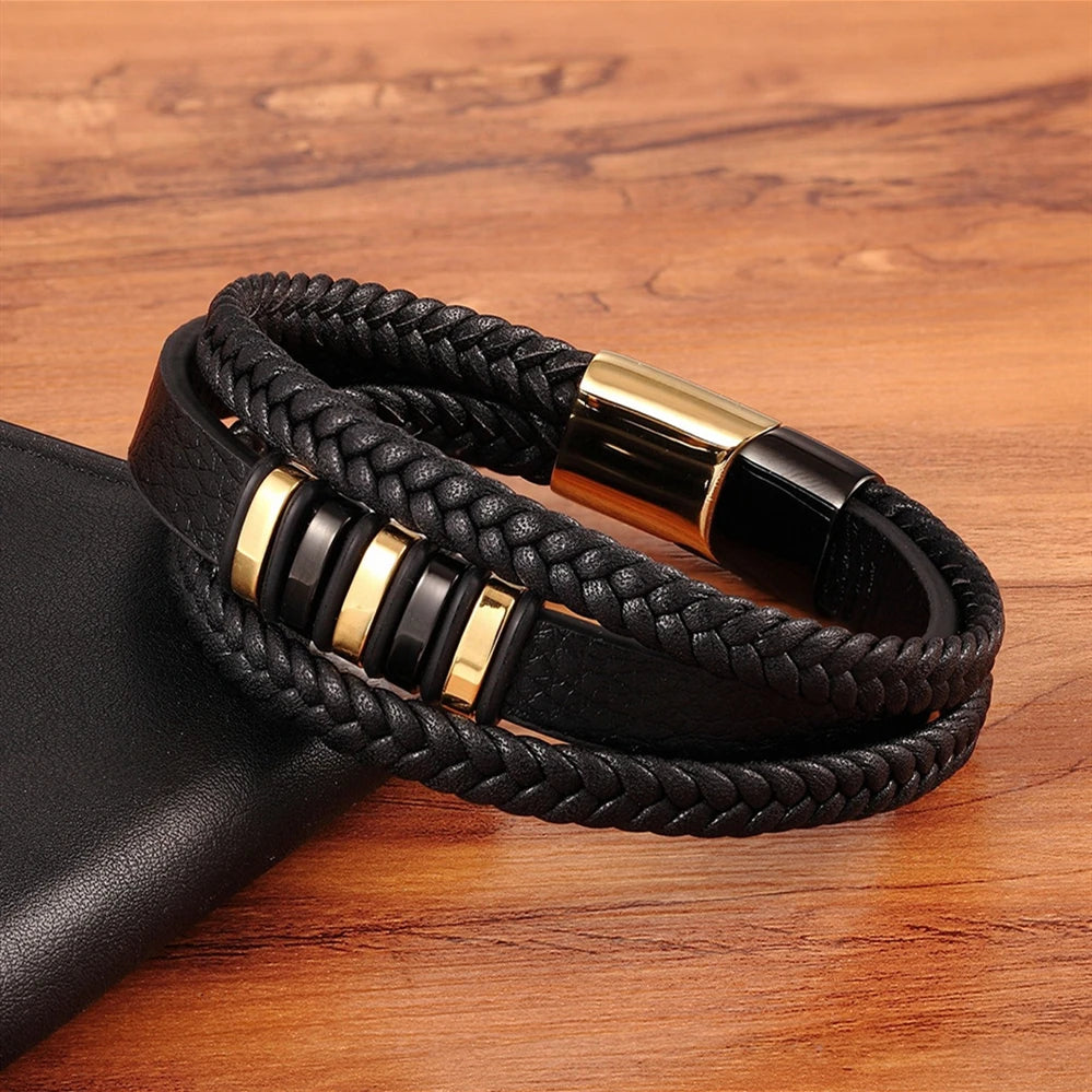 3-Layer Black Gold Punk Style Genuine Leather Bracelet