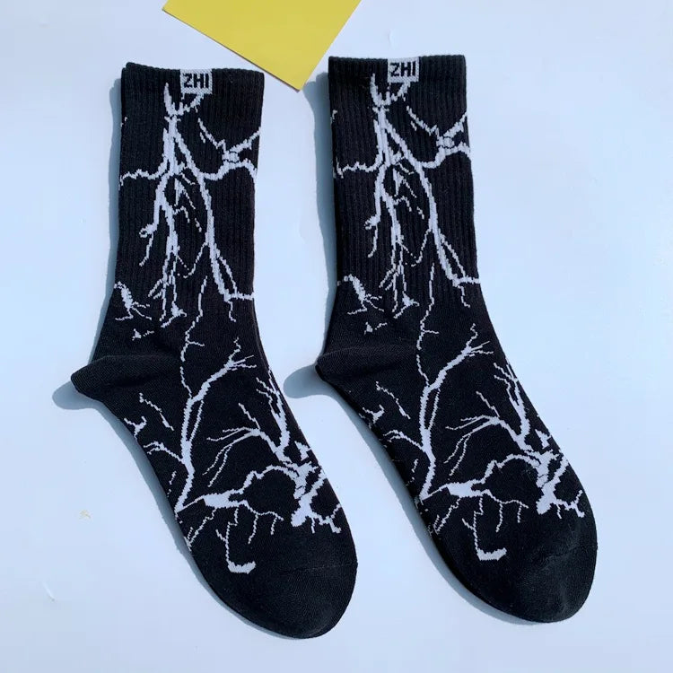 Korean-Inspired Harajuku Skateboard Long Socks with Fun Lightning Design - Unisex