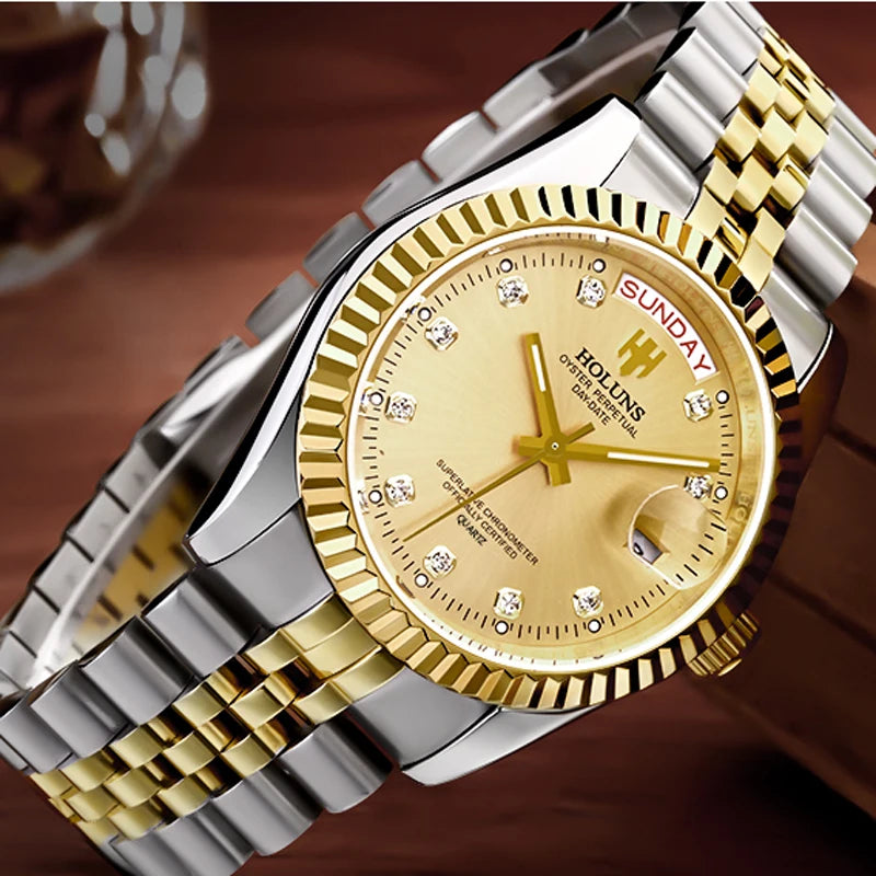 Luxury Gold Diamond Quartz Watch for Men