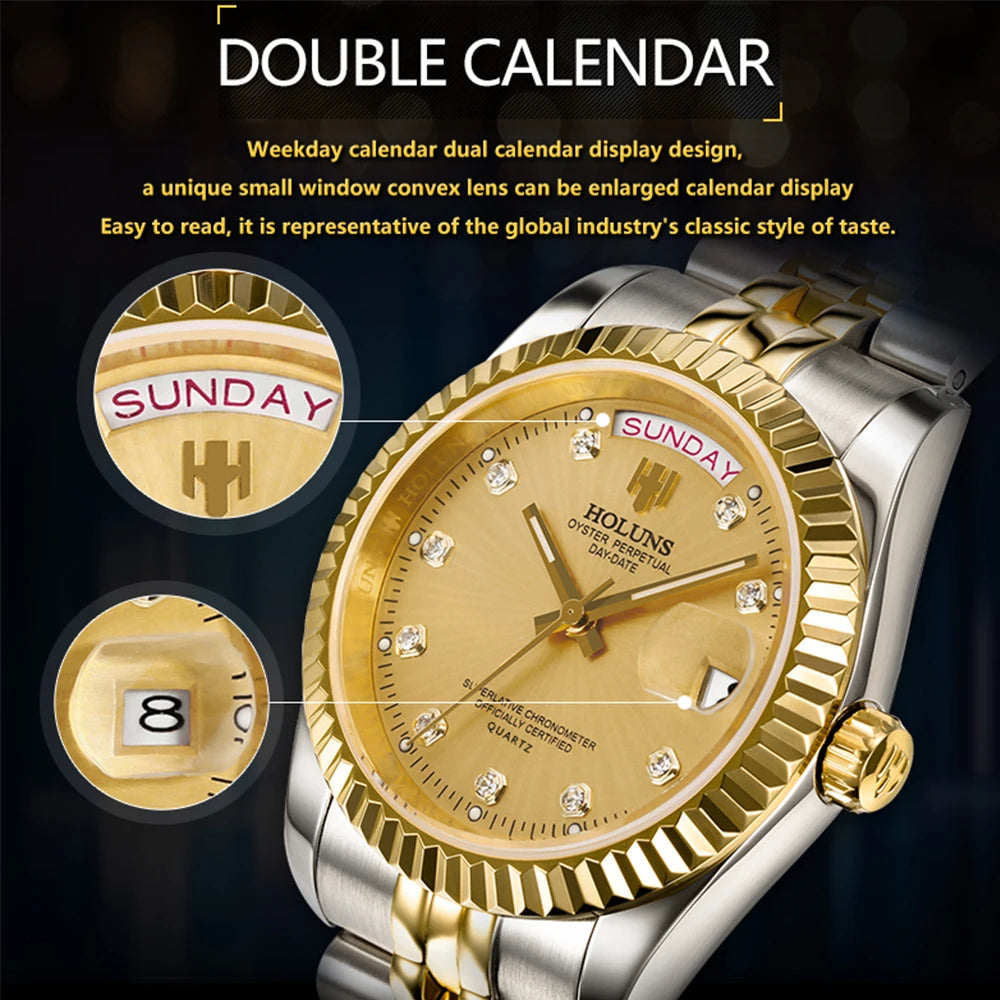 Luxury Gold Diamond Quartz Watch for Men