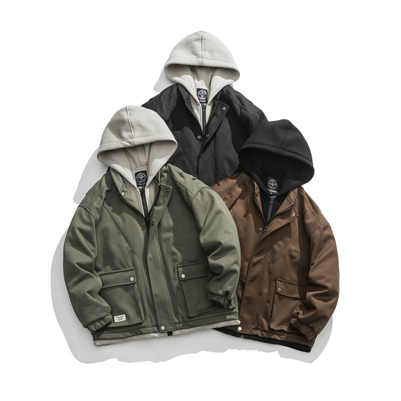 Warm and Versatile Faux Two-Piece Hooded Cotton Jacket