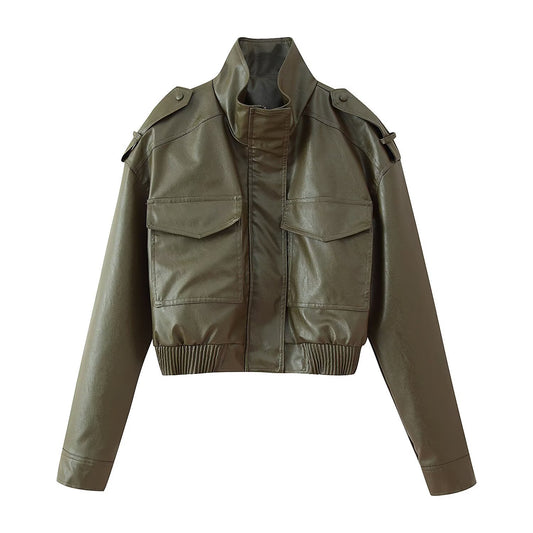 Women's Zip-Up Stand Collar Long Sleeve Faux Leather Short Jacket