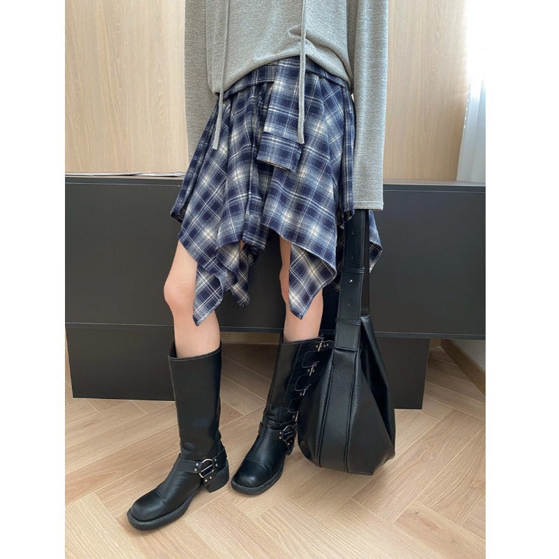 Fashionable American Retro Irregular Hem High-Waisted Plaid Mini Skirt
