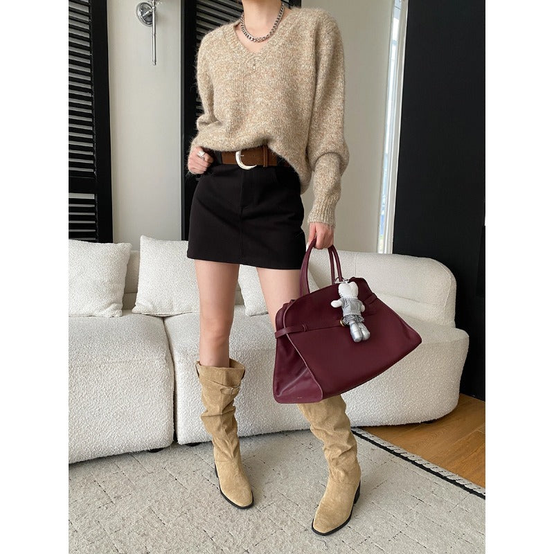 Southern Compass Long-Leg Style Thick Wool Blend High-Waisted Slimming Charming Skirt with Belt