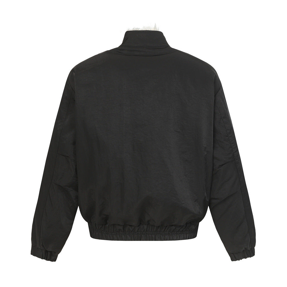 Street Style Men's Cotton Coat with Stand Collar, Patchwork Workwear Design, Brand, Loose Fit, Versatile Outerwear Top