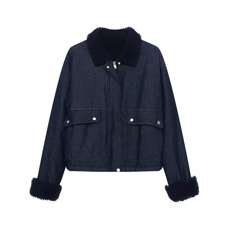 Retro Faux Lamb Wool Turn-Down Collar Loose Lined Thick Denim Jacket