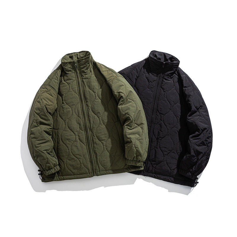 Simple Solid Color Stand Collar Diamond Pattern Fleece-Lined Cotton Coat for Men