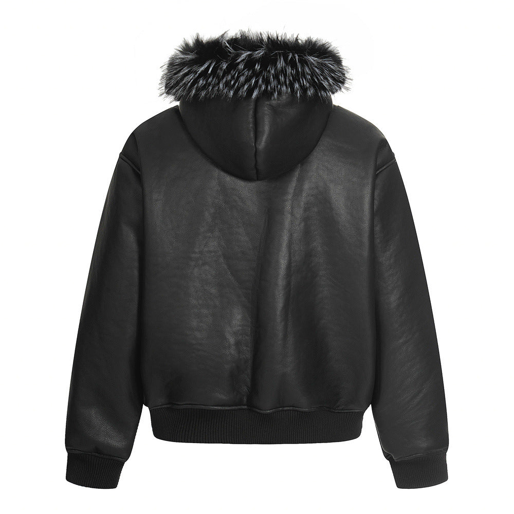 Street Style Men's Cotton Coat with Hood, Fur Collar, Letter Embroidery, Casual Loose Fit Jacket