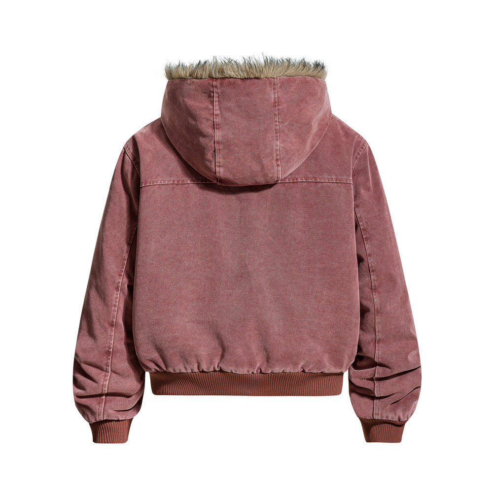 Street Style Men's Cotton Coat with Hood and Fur Collar, Patchwork Design, Loose Fit, Casual Fashion Outerwear Jacket