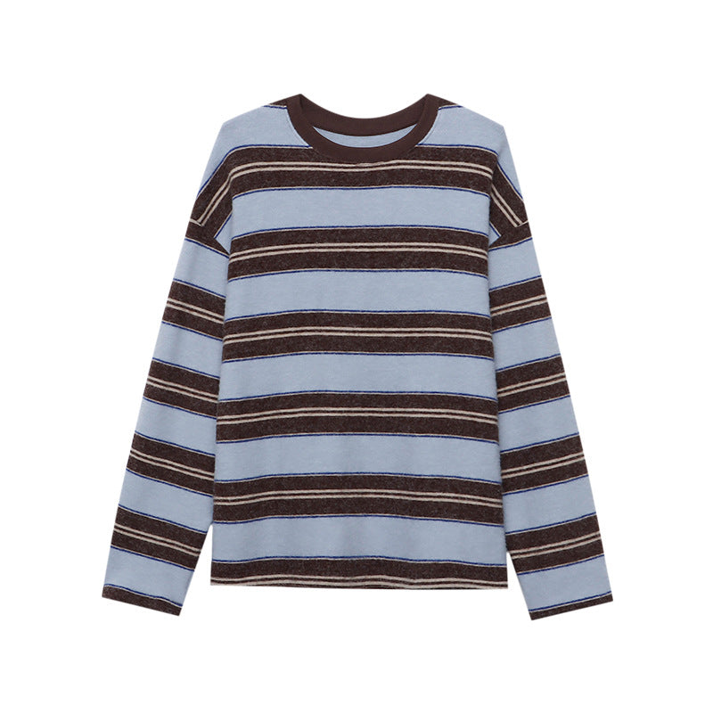 Casual American Color-block Stripe Crewneck Loose Slim Fit Brushed Long Sleeve T-shirt
