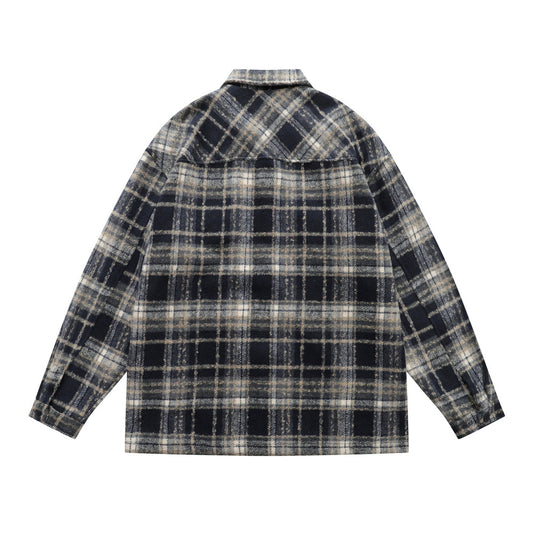Vintage Men's Jacket with Turn-Down Collar, Plaid Pattern, Long Sleeves, Loose Fit - and Versatile Outerwear