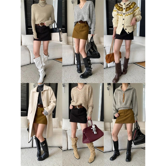 Southern Compass Long-Leg Style Thick Wool Blend High-Waisted Slimming Charming Skirt with Belt