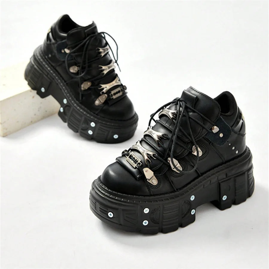 Punk Style Black Shoes - Rock Metal Lace-up Heel Platform Shoes