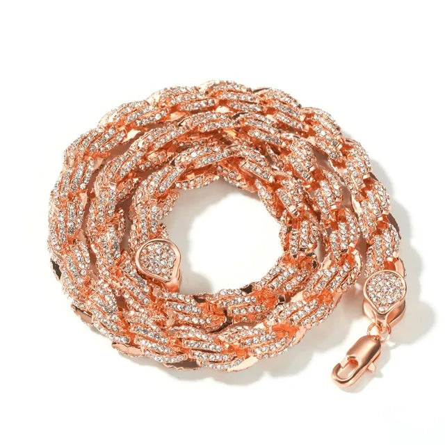 9mm Iced Out Rope Chain Necklace in Silver/Rose Gold/Gold