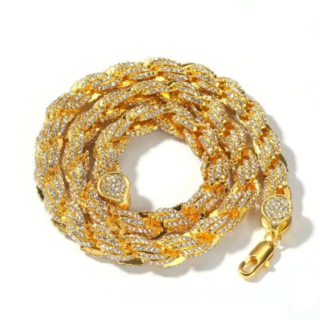 9mm Iced Out Rope Chain Necklace in Silver/Rose Gold/Gold
