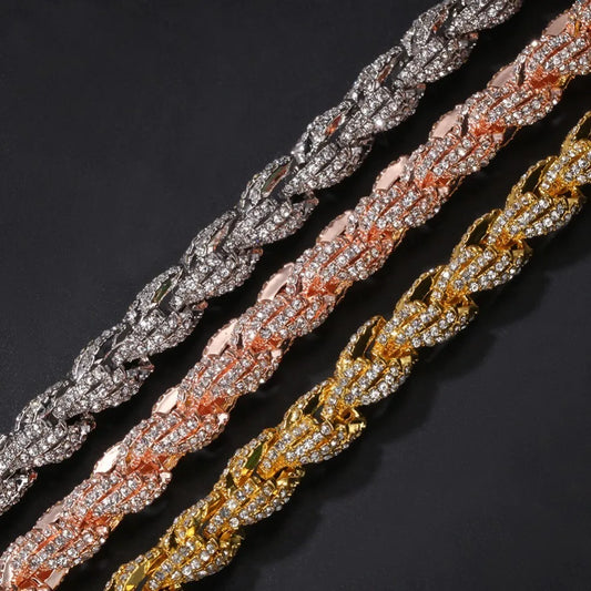 9mm Iced Out Rope Chain Necklace in Silver/Rose Gold/Gold
