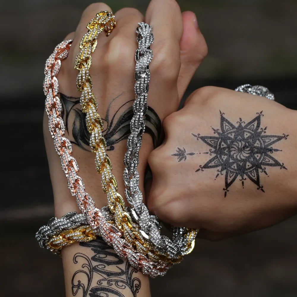 9mm Iced Out Rope Chain Necklace in Silver/Rose Gold/Gold